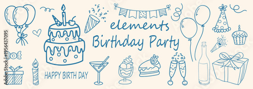 Birthday Party Sketch Collection in Doodle Style. Hand Drawn Balloons, Cupcakes, Gift Boxes, Hats and Celebration Icons Vector Set . Vector Illustration