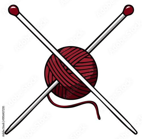 Cartoon illustration of a ball of yarn with knitting needles crossed.