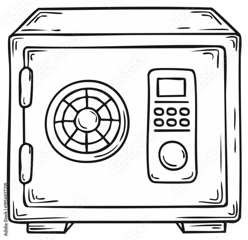 Hand Drawn Illustration of a Safe Vault Strongbox with Digital Combination Lock Protection Security Concept Storing Belongings