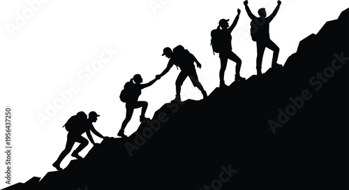 Silhouette of hikers climbing mountain together, teamwork and support concept, adventure travel journey, group trekking uphill, outdoor activity illustration isolated on background