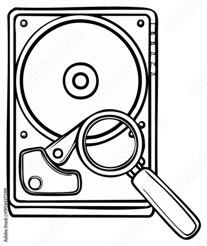 Hard drive disk with magnifying glass, data retrieval concept, black and white