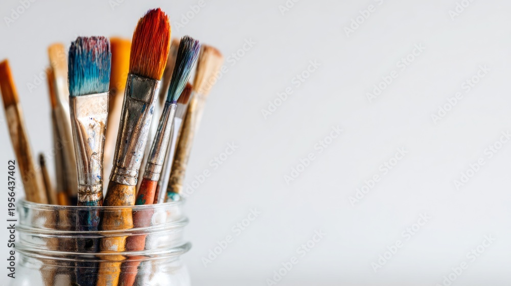 Obraz premium Colorful Paint Brushes in Glass Jar