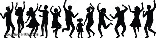 Silhouette of people dancing and celebrating together, joyful crowd with raised hands, party and festival concept, energetic movement, happiness and freedom illustration isolated on background