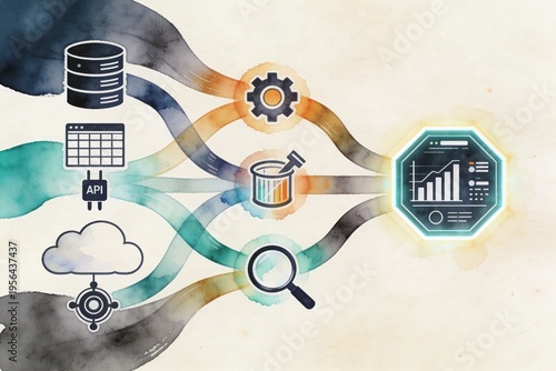 Watercolor style abstract data analysis process flowchart with icons
