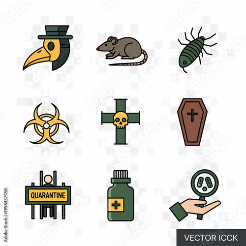 A collection of nine colorful line art icons depicting themes of plague, disease, death, quarantine, and medical treatment, including a plague doctor, rat, biohazard, coffin, and medicine.