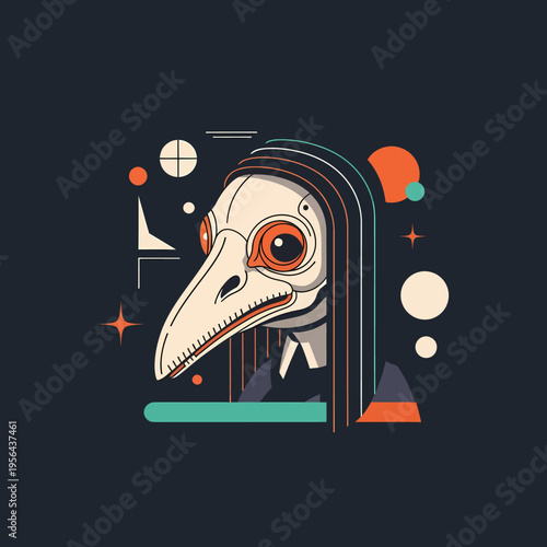 Stylized illustration of a plague doctor head with a long beak and large eyes, surrounded by abstract geometric shapes on a dark background.