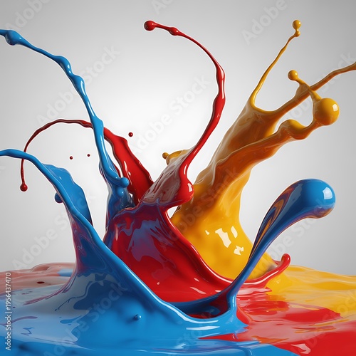 A vibrant and artistic splash of primary colored liquid paint captured in a high speed photograph