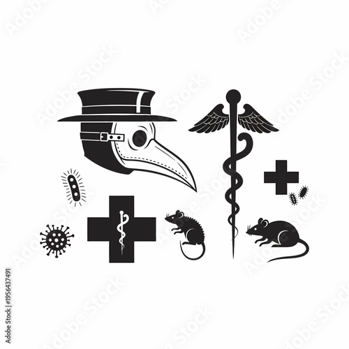 Collection of medical and historical symbols including plague doctor, caduceus, rats, and microbes.