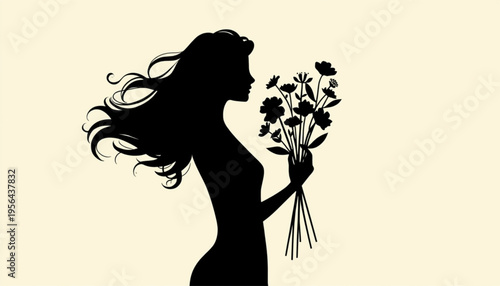 Silhouette of woman holding flowers vector illustration isolated on Transparent Background