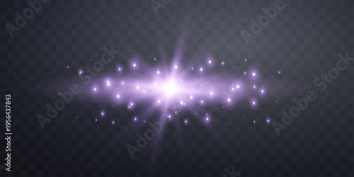 Purple lensflare. Light flash with rays or violet spotlight and bokeh. Glow flare light effect. Vector illustration. Isolated on dark background.