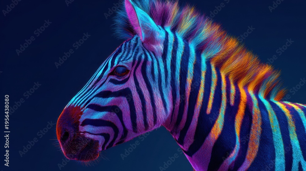 Fototapeta premium Zebra displaying neon colored stripes in studio setting