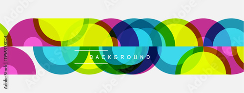 Colorful overlapping circles create dynamic pattern. Bright hues contrast against white space. Modern design element.