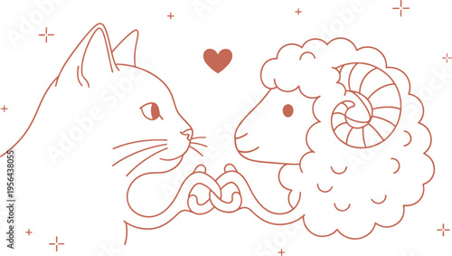 cat and sheep facing each other with heart