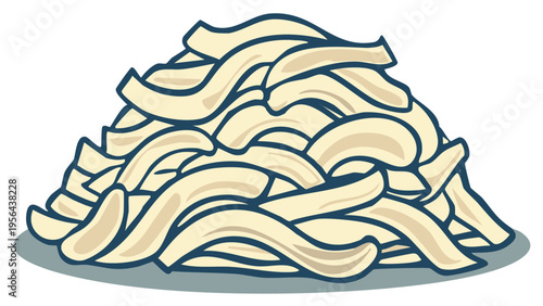 Illustration of a pile of wavy uncooked white noodles or pasta shapes on a gray surface