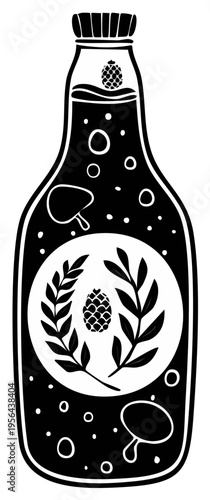 Black and White Silhouette of a Beer Bottle with Hops and Leaves Design