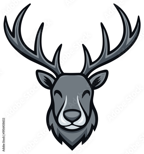 Stylized grey deer head illustration with large antlers, a majestic and serene animal design