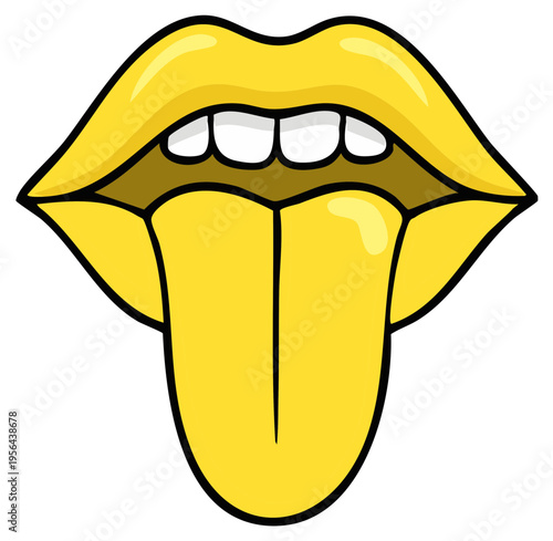Stylized yellow lips with tongue sticking out, graphic illustration, playful and energetic.