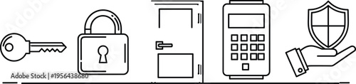 Security system icons key lock door access control keypad shield protection safety line vector illustration secure technology concept