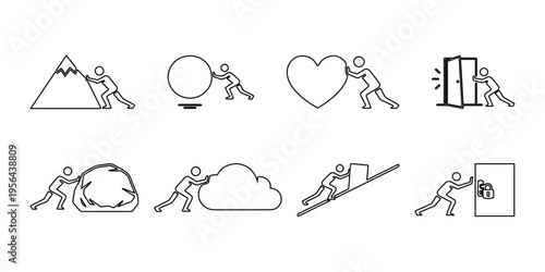 Set of Stick Figures Pushing Heavy Objects Metaphor for Persistence Effort Struggle and Overcoming Obstacles Concept