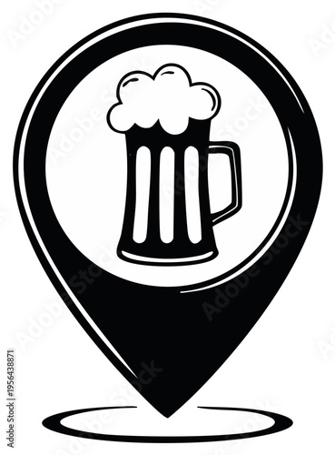 Beer mug illustration inside a location pin, pub or bar symbol.