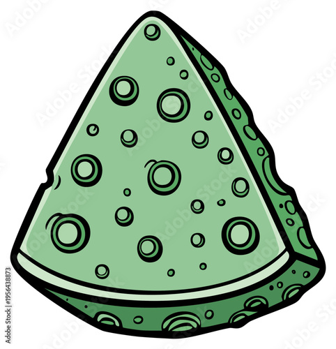 Cartoon wedge of moldy green swiss cheese with holes. Spoiled dairy food product comic style vector illustration.