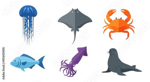 A vibrant collection of cartoon illustrations showcasing diverse marine life, including jellyfish, stingray, crab, fish, squid, and seal, ideal for aquatic designs