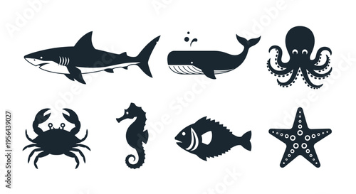 Vector graphic collection of diverse marine life silhouettes shark, whale, octopus, crab, seahorse, fish, starfish. Essential ocean creature illustrations