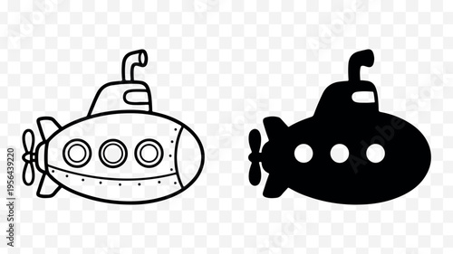 Minimal line submarine icon, black outline, nautical symbol, oceanography sign, underwater vehicle illustration isolated on Transparent Background