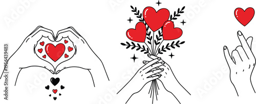 Hands with heart gestures illustration featuring finger-heart, bouquet of hearts, and heart-shaped hand pose, symbolizing love, care, affection, romance, and emotional connection
