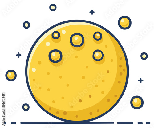 Stylized cartoon full moon with craters surrounded by stars and planets