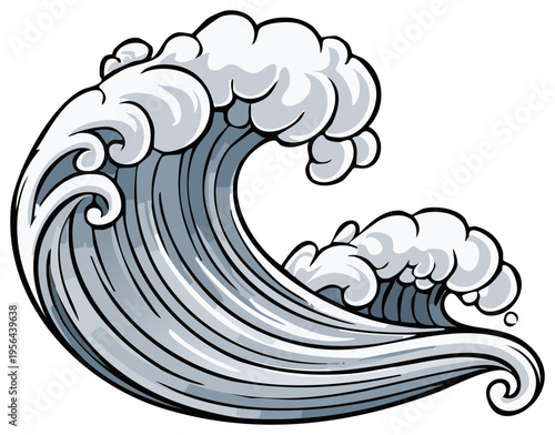 Stylized illustration of a crashing ocean wave with white foam and blue water.