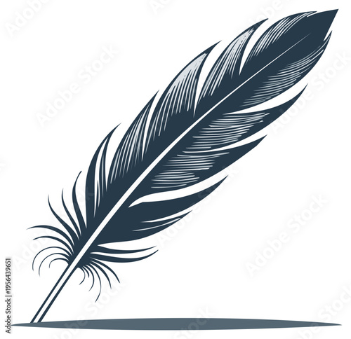 Detailed quill pen illustration, vintage feather pen for writing, elegant single plume vector with intricate line work, dark bluish-gray on white