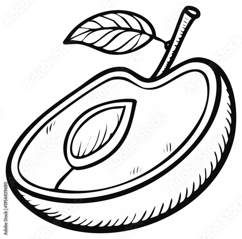 Sliced plum with leaf and pit simple black line drawing isolated design element