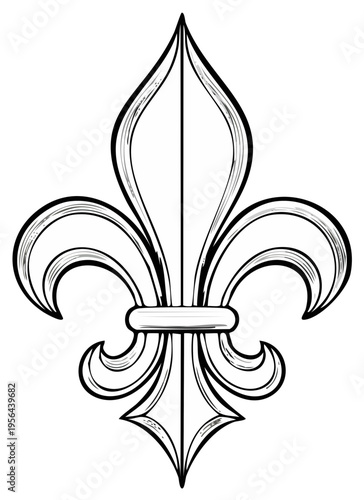 Classic medieval Fleur-de-lis emblem line art illustration with elegant decorative details