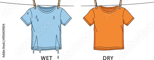 Two T-shirts on clothesline labeled wet and dry, vector illustration contrasting moisture states, laundry drying process, clothing care, and household textile concept design