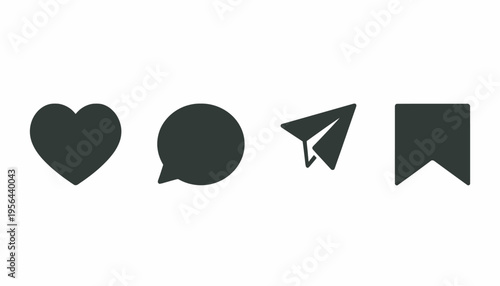 Social media interaction icons heart, speech bubble, paper airplane, and bookmark for engagement and communication