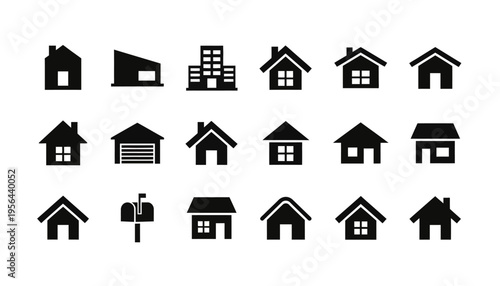 Collection of Simple Black Icons Representing Houses, Buildings, and a Mailbox