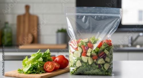 Fresh Salad Ingredients in a Bag on Kitchen Counter.