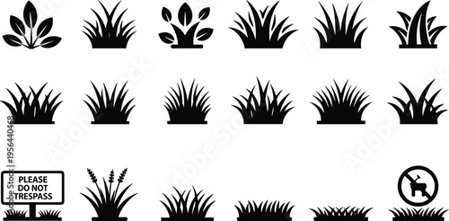 Black grass silhouettes landscaping icons and garden foliage vector set with lawn care maintenance signs isolated on a white background.