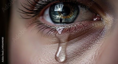 Close-up of a human eye reflecting a lonely figure on a beach at sunset, with a tear falling.