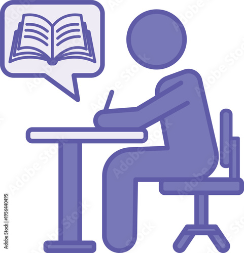 Colored Writer Icon. Vector Icon. Person Sitting on a Chair and Writing on a Desk. Open Book, Journalism, Memoir Writing, Education. Writing Concept