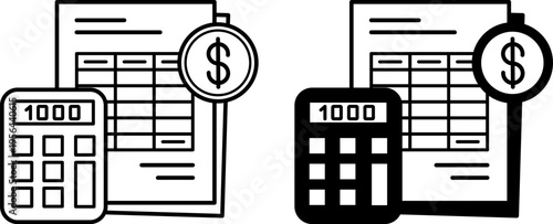 Estimate Icons. Line and Glyph Vector Icons. Documents, Calculator, and Dollar Coin. Determining Product Cost and Quality. Price Concept