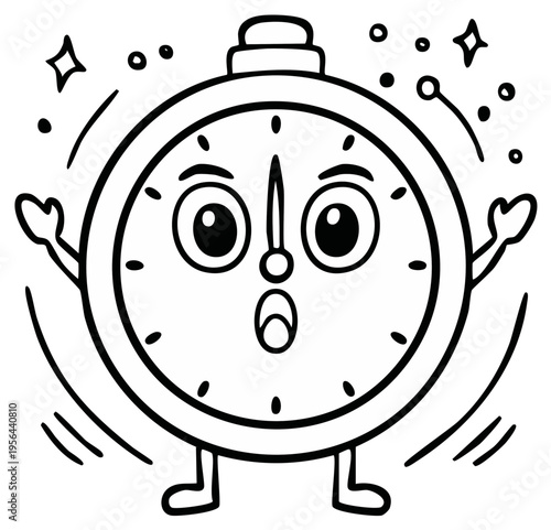 Excited cartoon alarm clock character with wide eyes and open mouth celebrating joyfully with sparkling effects