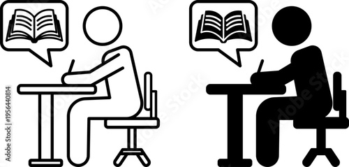 Writer Icons. Line and Glyph Vector Icons. Person Sitting on a Chair and Writing on a Desk. Open Book, Journalism, Memoir Writing, Education. Writing Concept