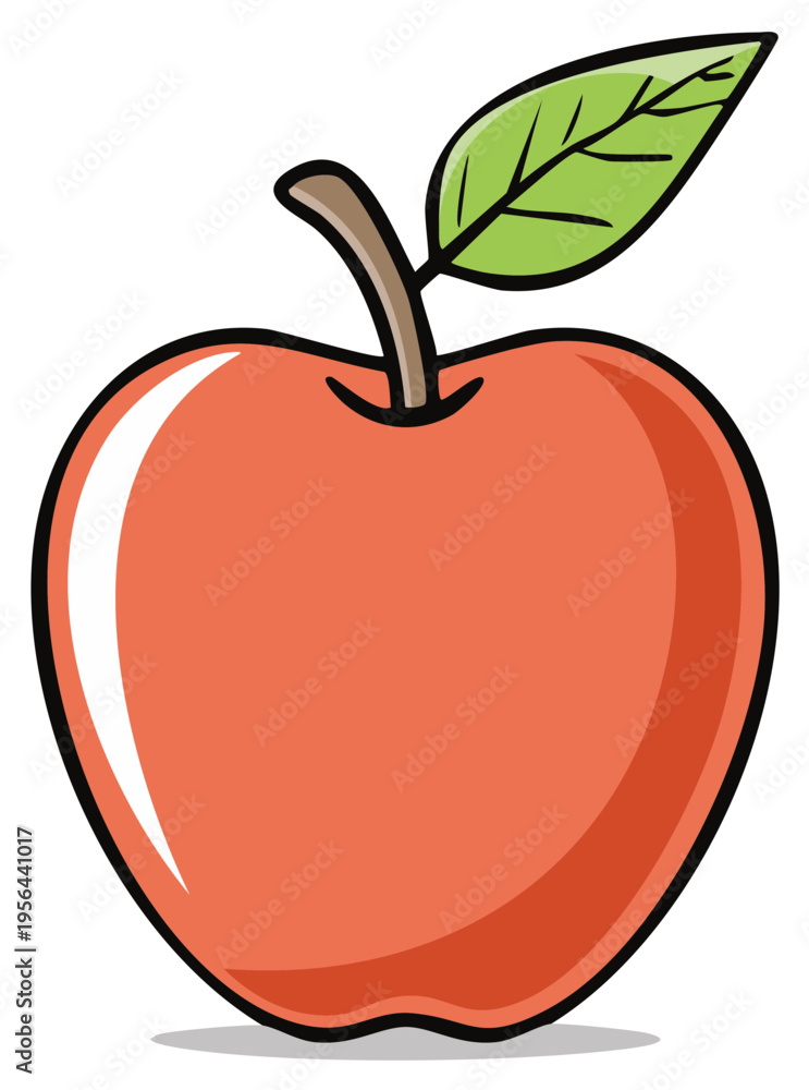 Fototapeta premium Vibrant red apple with a green leaf on a brown stem, a simple cartoon illustration, healthy fruit.