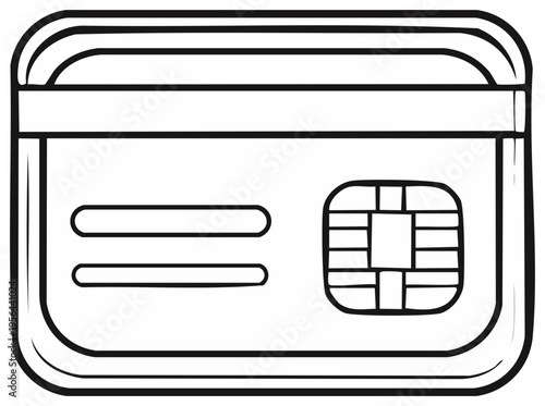 Stylized line drawing of a credit card with a prominent chip and embossed lines.