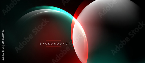 Abstract design features overlapping glowing shapes. Dark background enhances vibrant red, teal, white gradients. Modern, dynamic visual.