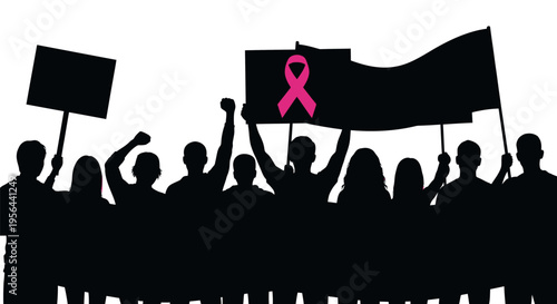 Protesters holding signs and breast cancer ribbon flag.