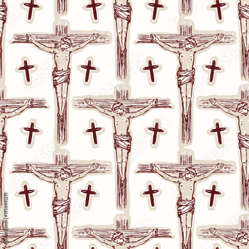 Hand drawn Jesus Christ crucifixion seamless pattern. Great for religious Easter holy week giftwrap with christian cross repeat allover design in neutral tones