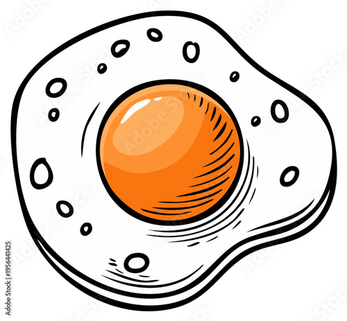 Cartoon illustration of a single sunny side up egg, orange yolk with artistic white ring